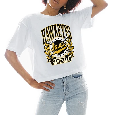 Women's Gameday Couture White Iowa Hawkeyes Baseball Boxy Fit Cropped T-Shirt