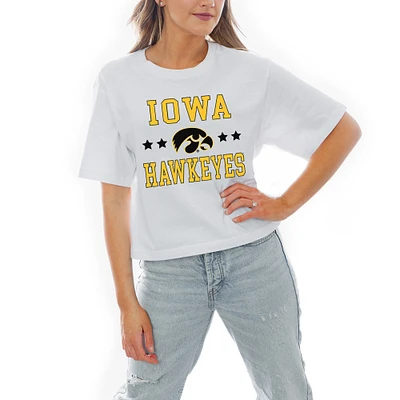 Women's Gameday Couture White Iowa Hawkeyes Stars Boxy Fit Cropped T-Shirt
