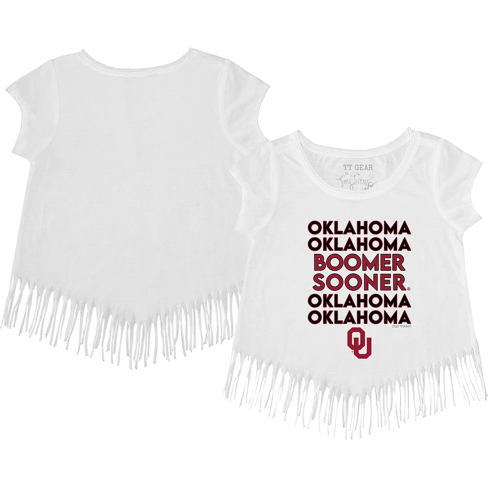 Girls Youth Tiny Turnip White Oklahoma Sooners Stacked Fringed T-Shirt