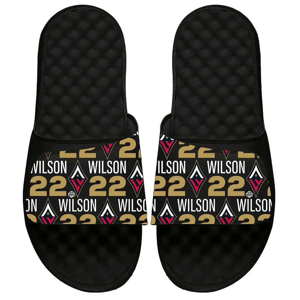 Youth ISlide A'ja Wilson Black Las Vegas Aces Pattern Design Slide Sandels