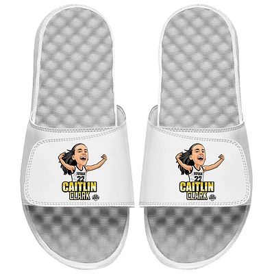 Youth ISlide Caitlin Clark White Iowa Hawkeyes Caricature Graphic Slide Sandals
