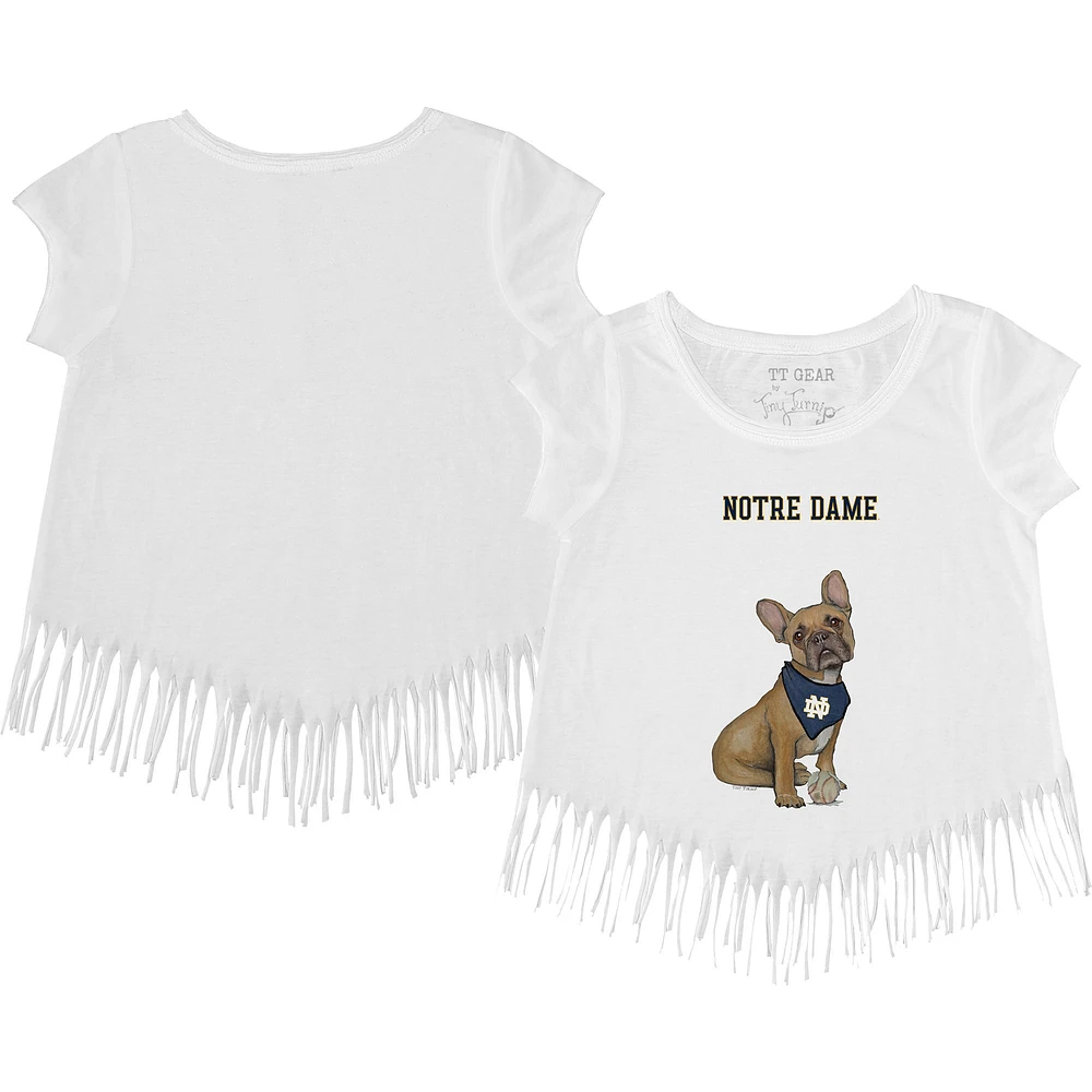 Girls Toddler Tiny Turnip White Notre Dame Fighting Irish French Bulldog Fringe T-Shirt
