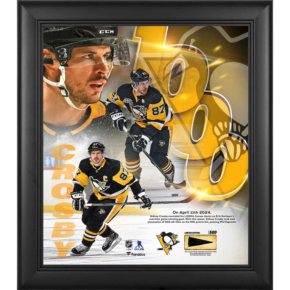 Sidney Crosby Pittsburgh Penguins Framed 15" x 17" 10th in All-Time Points Collage with a Piece of Game-Used Puck - Limited Edition of 500