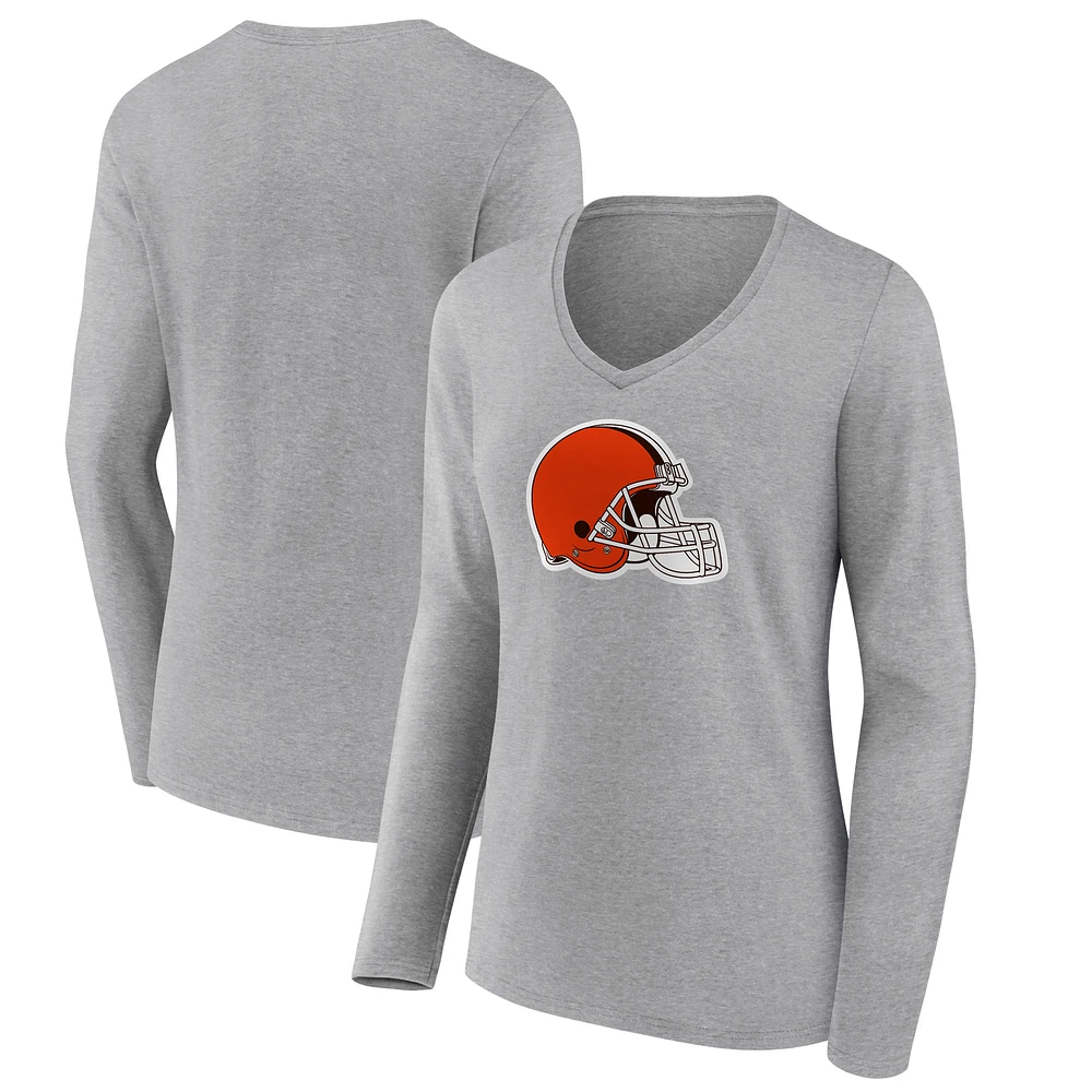 Women's Gray Cleveland Browns Primary Logo Long Sleeve V-Neck T-Shirt