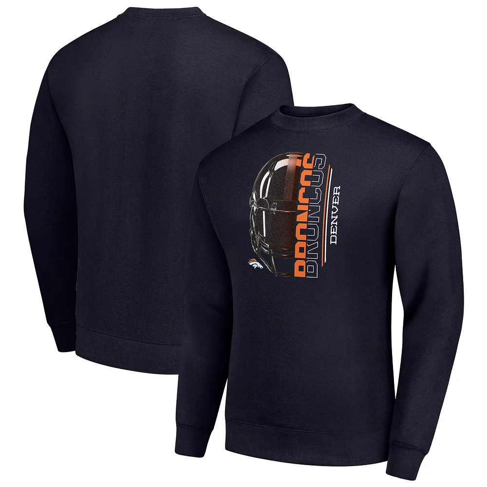 Men's Starter Navy Denver Broncos Half Helmet Team Graphic Tri-Blend Fleece Pullover Sweatshirt