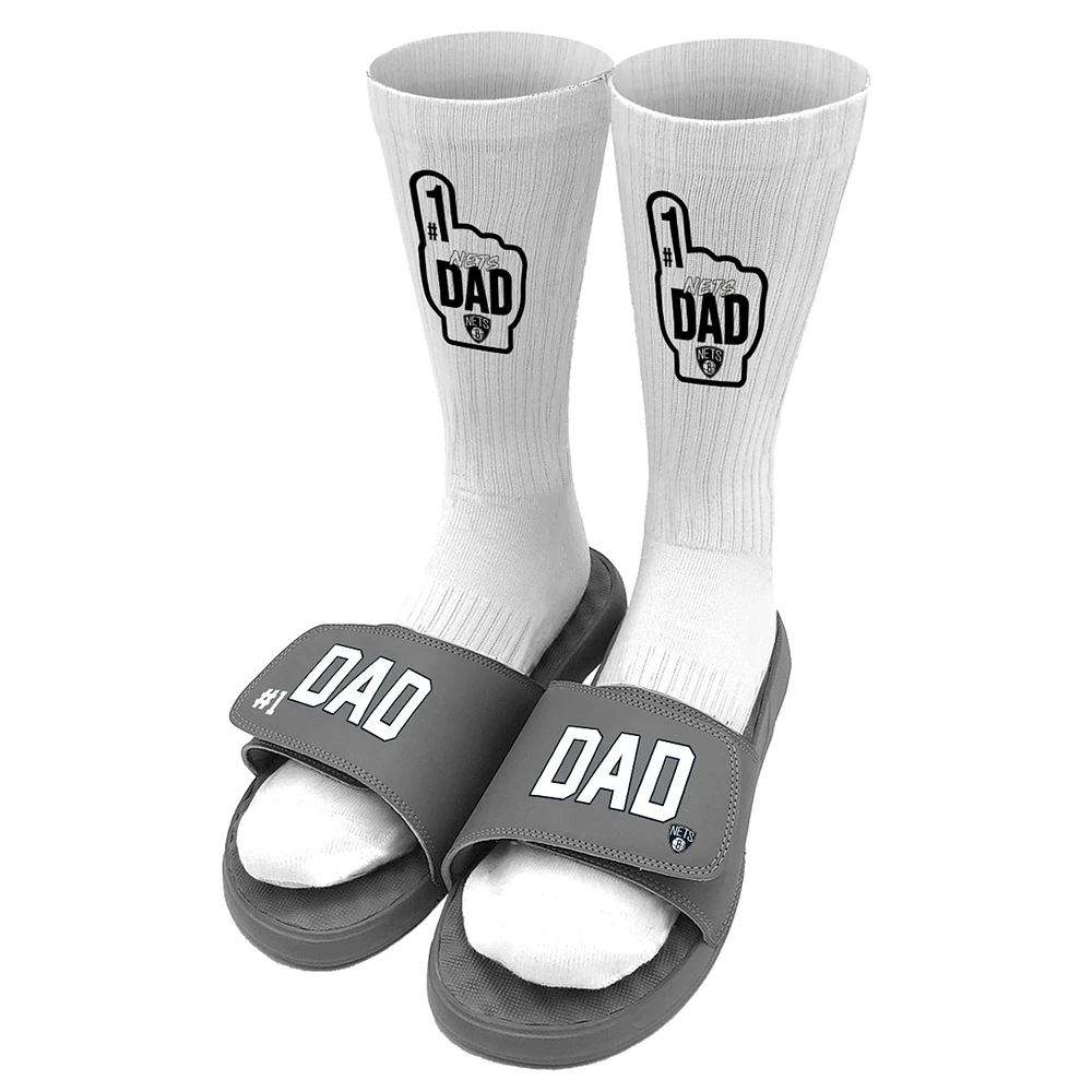 Unisex ISlide Gray Brooklyn Nets #1 Dad Socks & Slide Sandals Bundle