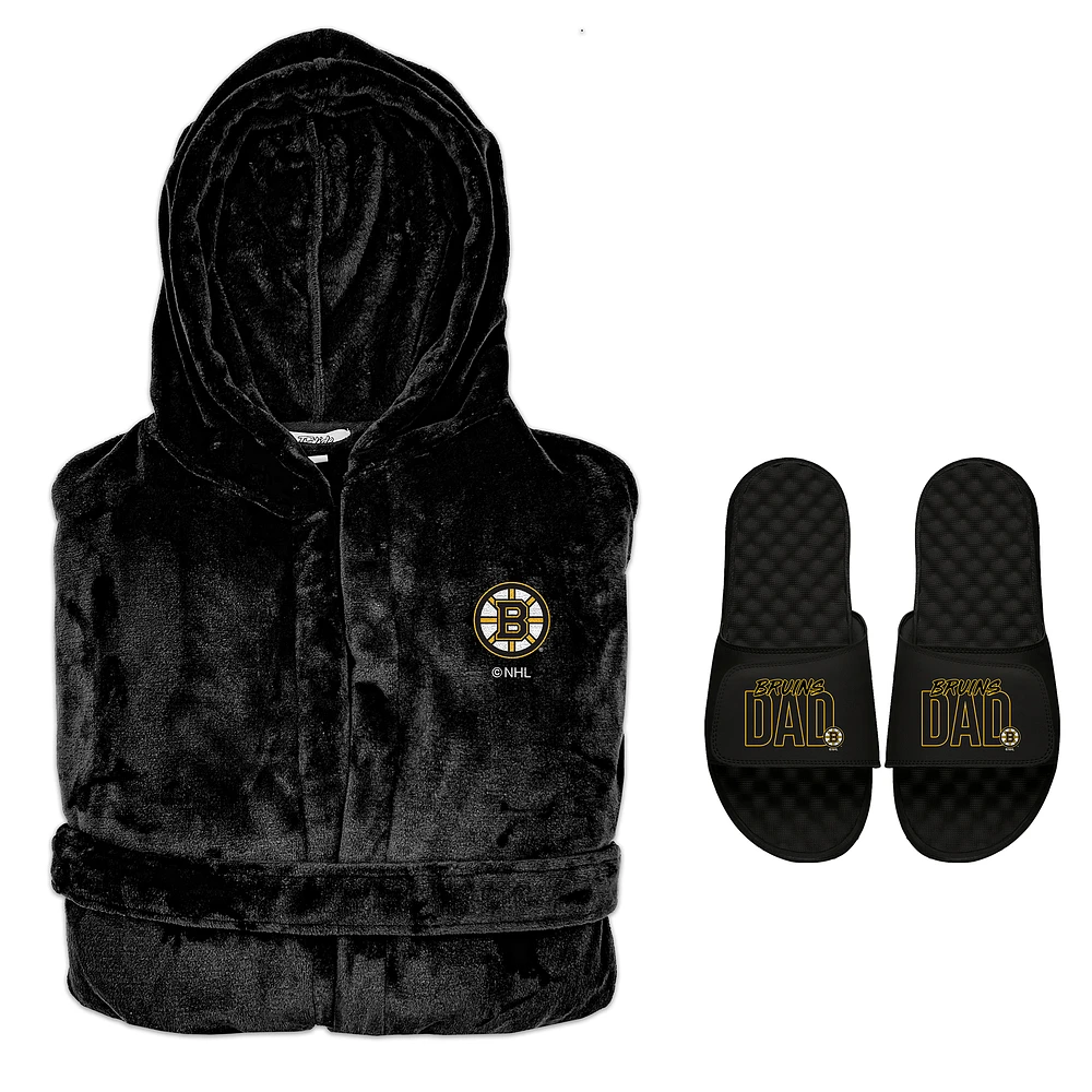 Men's ISlide Boston Bruins Dad Robe & Slide Sandals Bundle