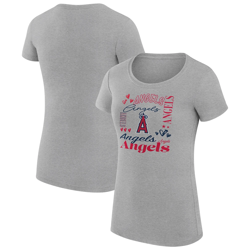 Women's G-III 4Her by Carl Banks Heather Gray Los Angeles Angels Super-Slim Fit Lightweight Collage Team Graphic Crew Neck T-Shirt