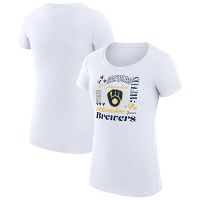 Women's G-III 4Her by Carl Banks White Milwaukee Brewers Super-Slim Fit Lightweight Collage Team Graphic Crew Neck T-Shirt