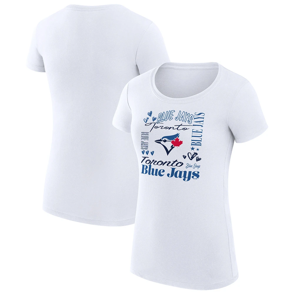Women's G-III 4Her by Carl Banks White Toronto Blue Jays Super-Slim Fit Lightweight Collage Team Graphic Crew Neck T-Shirt