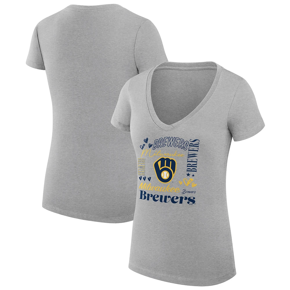 Women's G-III 4Her by Carl Banks Heather Gray Milwaukee Brewers Super-Slim Fit Lightweight Collage Team Graphic V-Neck T-Shirt