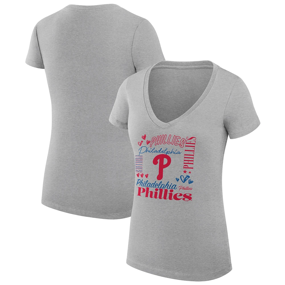 Women's G-III 4Her by Carl Banks Heather Gray Philadelphia Phillies Super-Slim Fit Lightweight Collage Team Graphic V-Neck T-Shirt