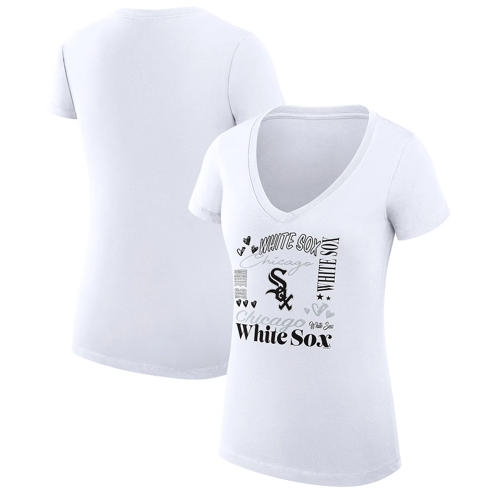Women's G-III 4Her by Carl Banks White Chicago Sox Super-Slim Fit Lightweight Collage Team Graphic V-Neck T-Shirt