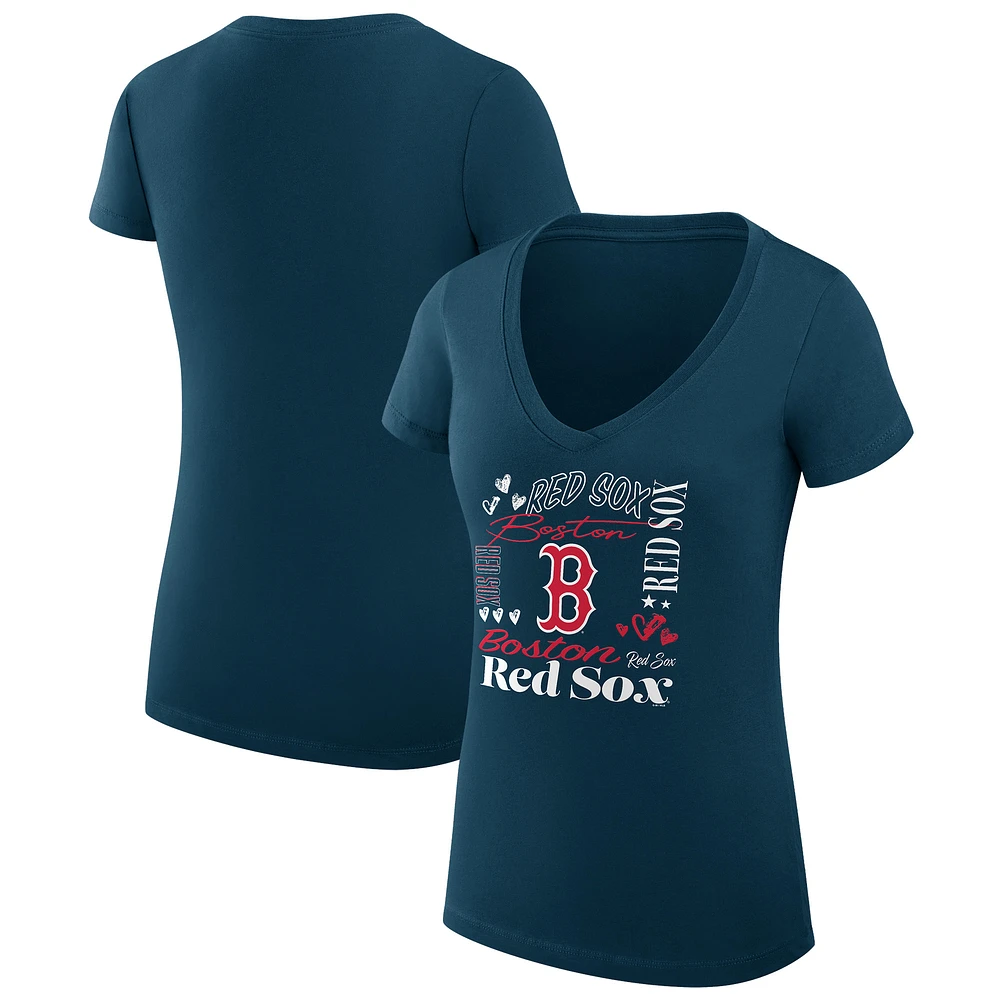Women's G-III 4Her by Carl Banks Navy Boston Red Sox Super-Slim Fit Lightweight Collage Team Graphic V-Neck T-Shirt