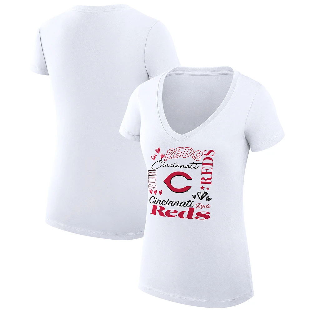 Women's G-III 4Her by Carl Banks White Cincinnati Reds Super-Slim Fit Lightweight Collage Team Graphic V-Neck T-Shirt