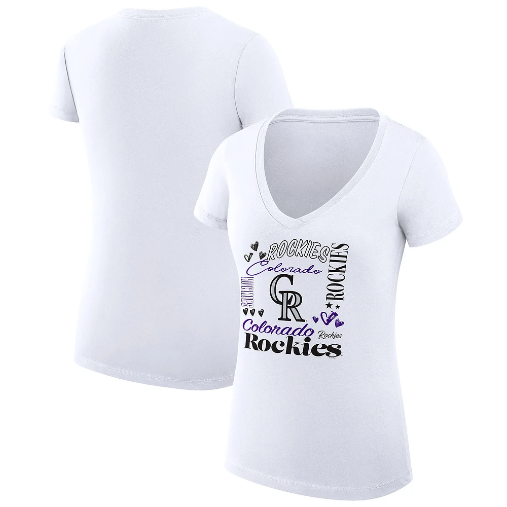 Women's G-III 4Her by Carl Banks White Colorado Rockies Super-Slim Fit Lightweight Collage Team Graphic V-Neck T-Shirt