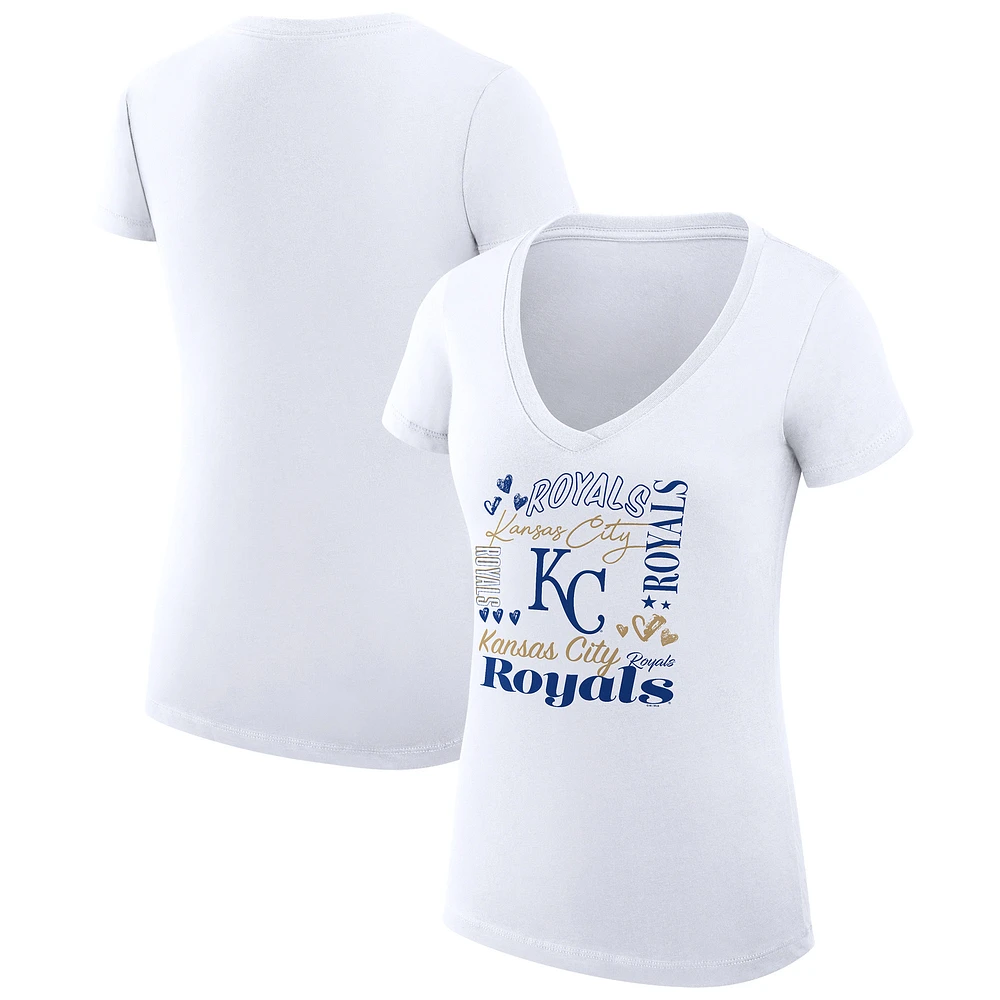 Women's G-III 4Her by Carl Banks White Kansas City Royals Super-Slim Fit Lightweight Collage Team Graphic V-Neck T-Shirt