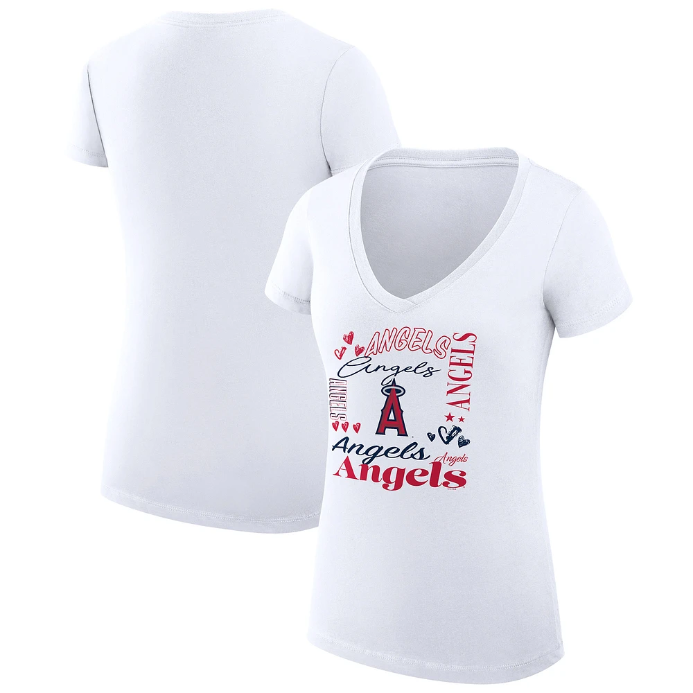 Women's G-III 4Her by Carl Banks White Los Angeles Angels Super-Slim Fit Lightweight Collage Team Graphic V-Neck T-Shirt
