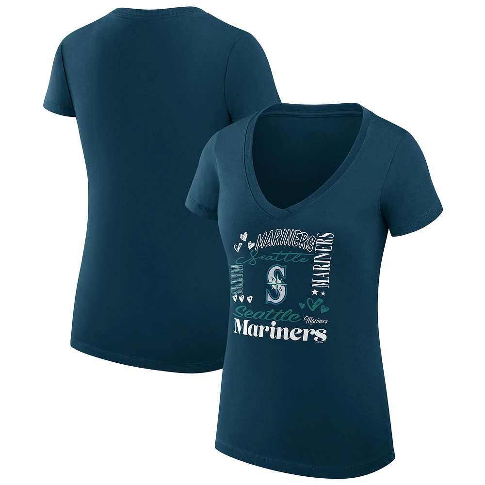 Women's G-III 4Her by Carl Banks Navy Seattle Mariners Super-Slim Fit Lightweight Collage Team Graphic V-Neck T-Shirt