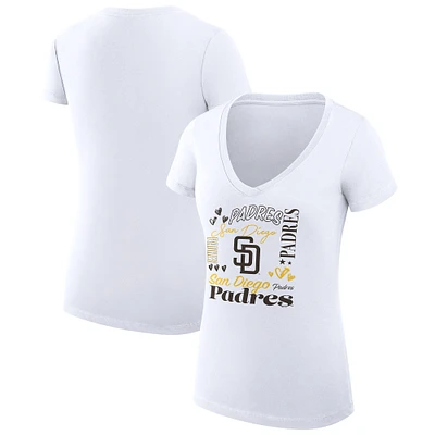 Women's G-III 4Her by Carl Banks White San Diego Padres Super-Slim Fit Lightweight Collage Team Graphic V-Neck T-Shirt