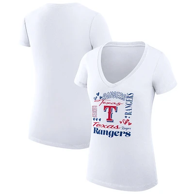 Women's G-III 4Her by Carl Banks White Texas Rangers Super-Slim Fit Lightweight Collage Team Graphic V-Neck T-Shirt