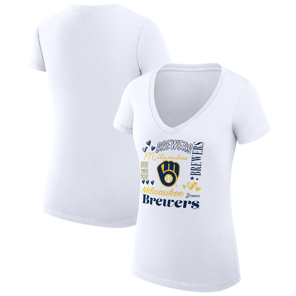 Women's G-III 4Her by Carl Banks White Milwaukee Brewers Super-Slim Fit Lightweight Collage Team Graphic V-Neck T-Shirt