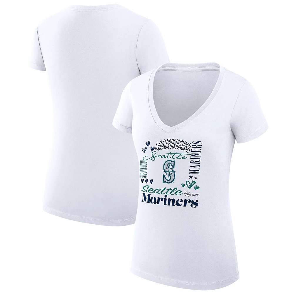 Women's G-III 4Her by Carl Banks White Seattle Mariners Super-Slim Fit Lightweight Collage Team Graphic V-Neck T-Shirt