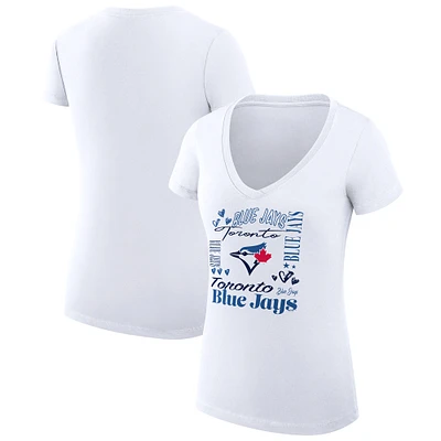Women's G-III 4Her by Carl Banks White Toronto Blue Jays Super-Slim Fit Lightweight Collage Team Graphic V-Neck T-Shirt