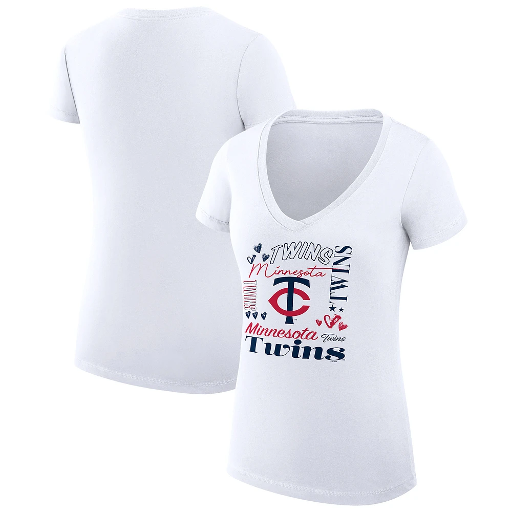 Women's G-III 4Her by Carl Banks White Minnesota Twins Super-Slim Fit Lightweight Collage Team Graphic V-Neck T-Shirt