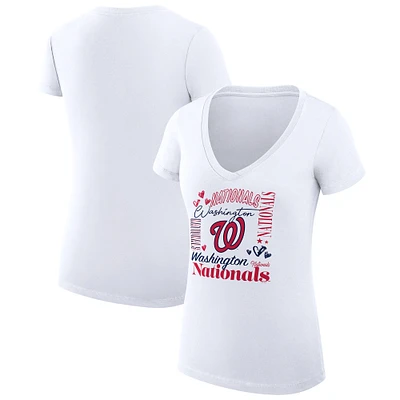 Women's G-III 4Her by Carl Banks White Washington Nationals Super-Slim Fit Lightweight Collage Team Graphic V-Neck T-Shirt