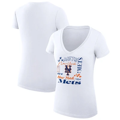 Women's G-III 4Her by Carl Banks White New York Mets Super-Slim Fit Lightweight Collage Team Graphic V-Neck T-Shirt