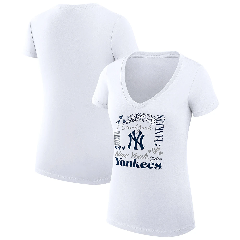 Women's G-III 4Her by Carl Banks White New York Yankees Super-Slim Fit Lightweight Collage Team Graphic V-Neck T-Shirt