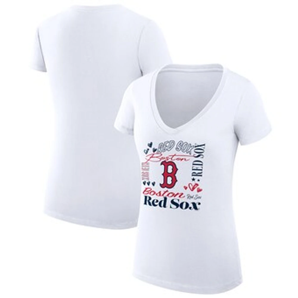 Women's G-III 4Her by Carl Banks White Boston Red Sox Super-Slim Fit Lightweight Collage Team Graphic V-Neck T-Shirt