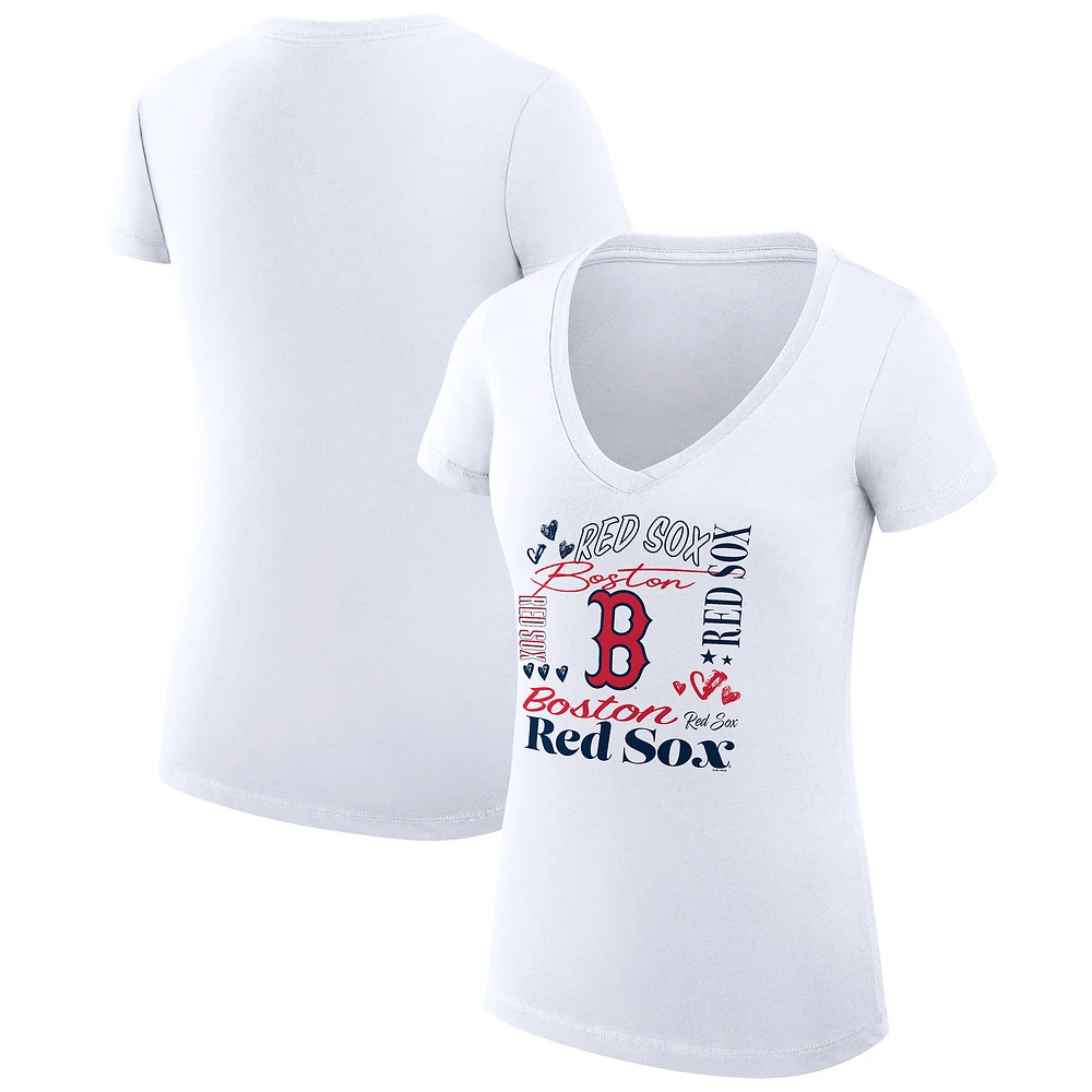 Women's G-III 4Her by Carl Banks White Boston Red Sox Super-Slim Fit Lightweight Collage Team Graphic V-Neck T-Shirt