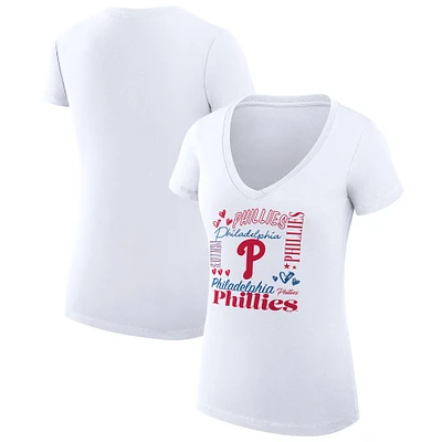 Women's G-III 4Her by Carl Banks White Philadelphia Phillies Super-Slim Fit Lightweight Collage Team Graphic V-Neck T-Shirt