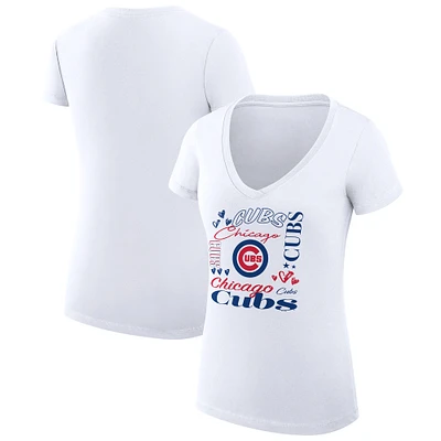 Women's G-III 4Her by Carl Banks White Chicago Cubs Super-Slim Fit Lightweight Collage Team Graphic V-Neck T-Shirt