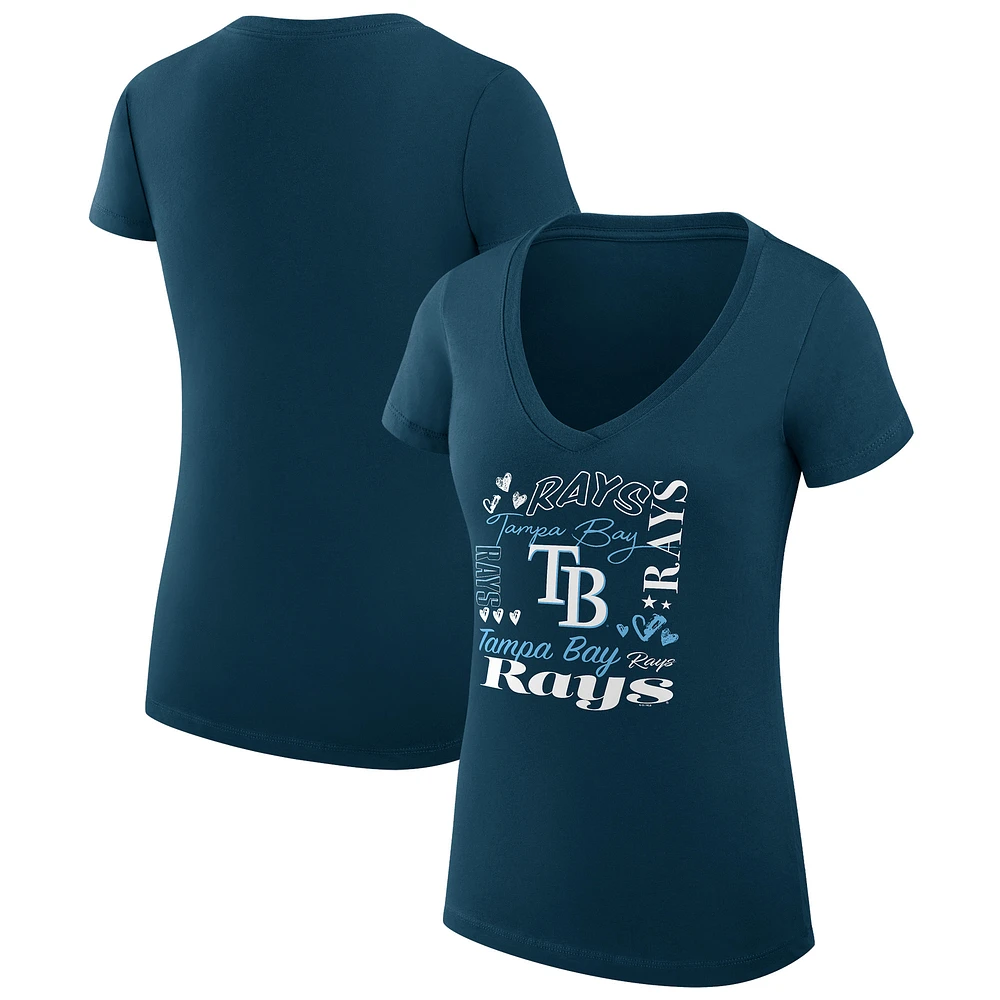 Women's G-III 4Her by Carl Banks Navy Tampa Bay Rays Super-Slim Fit Lightweight Collage Team Graphic V-Neck T-Shirt