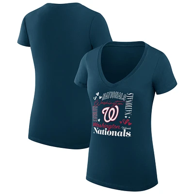 Women's G-III 4Her by Carl Banks Navy Washington Nationals Super-Slim Fit Lightweight Collage Team Graphic V-Neck T-Shirt