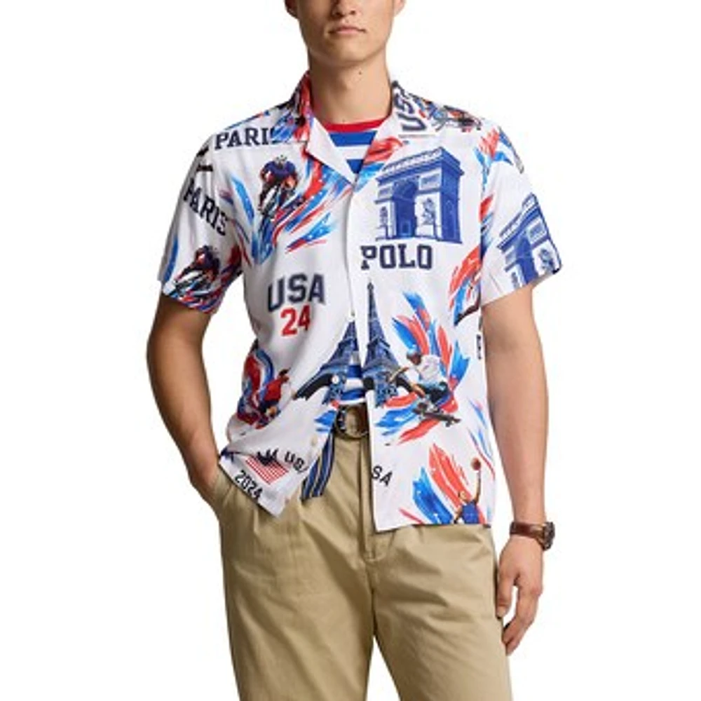 Men's Polo Ralph Lauren Blue Team USA 2024 Summer Olympics Villagewear Allover Print Short Sleeve Button-Down Shirt