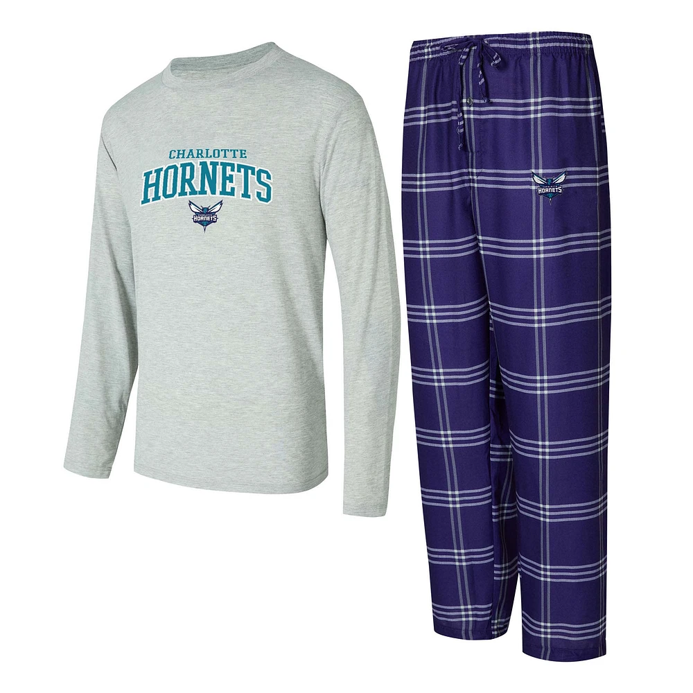 Men's Concepts Sport Purple/Gray Charlotte Hornets Petition Long Sleeve Top and Plaid Pant Set