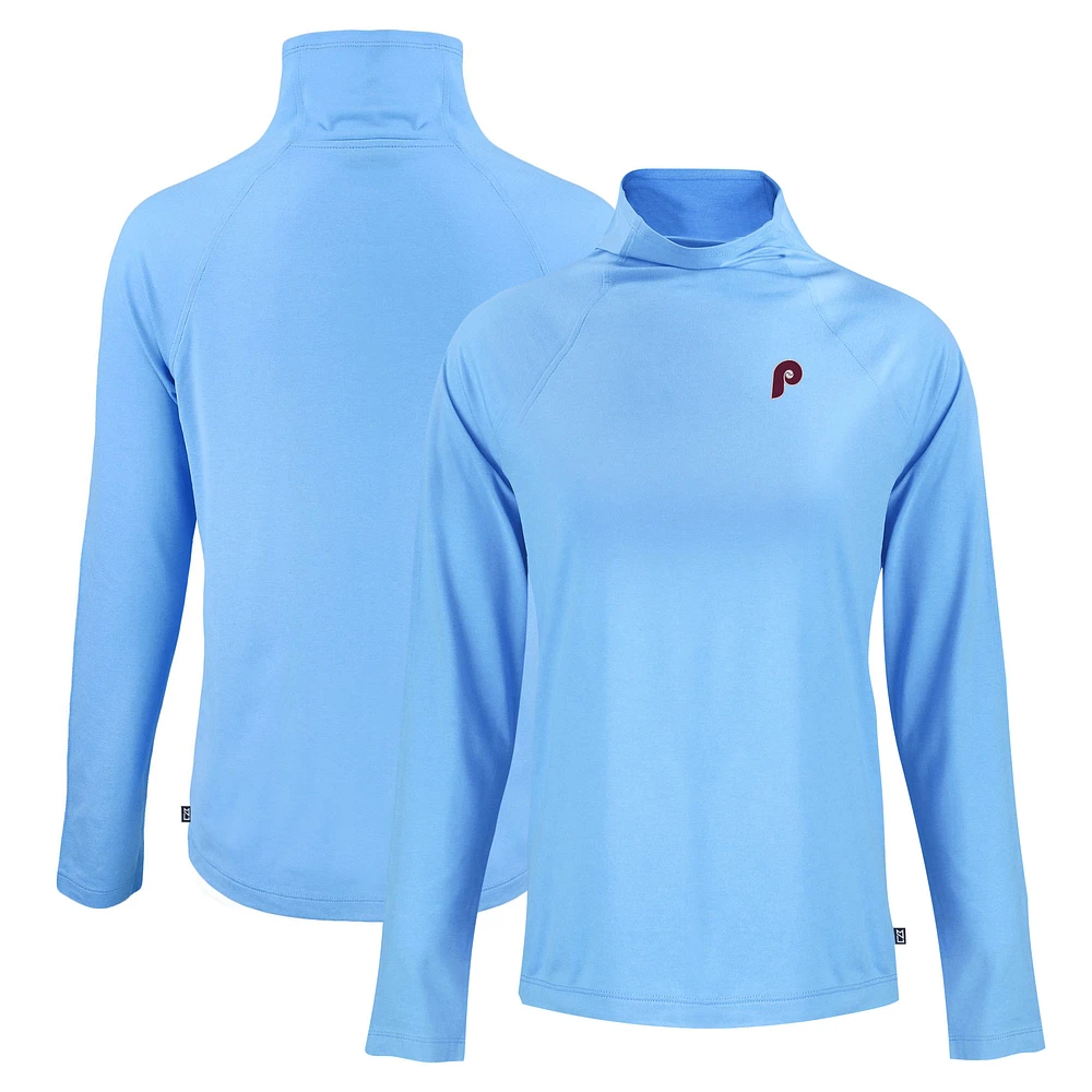 Women's Cutter & Buck Powder Blue Philadelphia Phillies Cooperstown Collection Coastline Epic Comfort Eco Recycled Funnel Neck Raglan Pullover Top