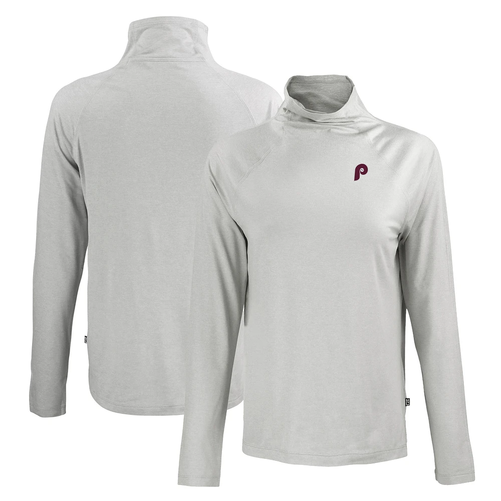 Women's Cutter & Buck Gray Philadelphia Phillies Cooperstown Collection Coastline Epic Comfort Eco Recycled Funnel Neck Raglan Pullover Top