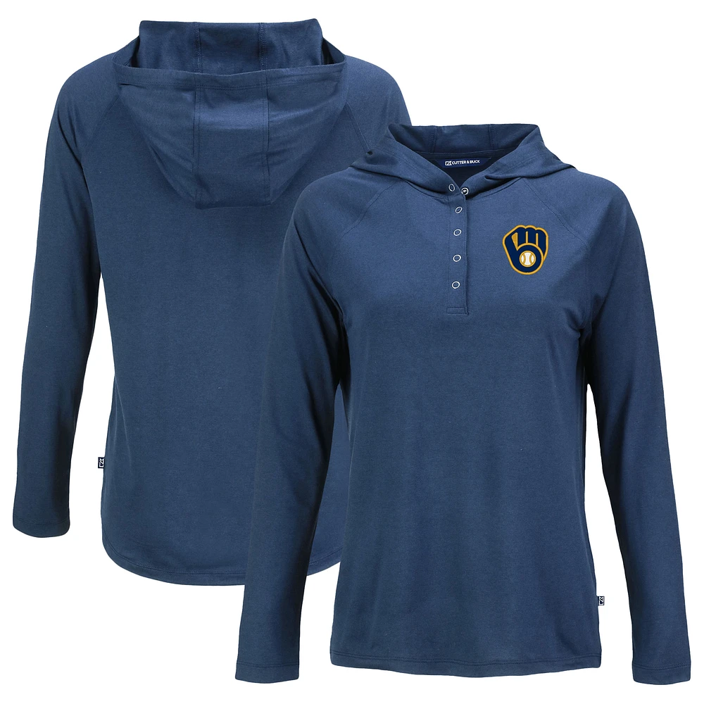 Women's Cutter & Buck Navy Milwaukee Brewers Coastline Epic Comfort Eco Recycled Hoodie Raglan Long Sleeve T-Shirt