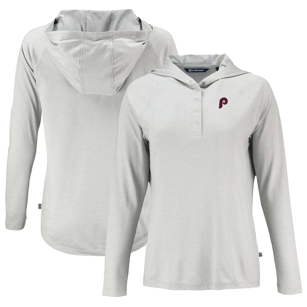 Women's Cutter & Buck Gray Philadelphia Phillies Cooperstown Collection Coastline Epic Comfort Eco Recycled Hoodie Raglan Long Sleeve T-Shirt