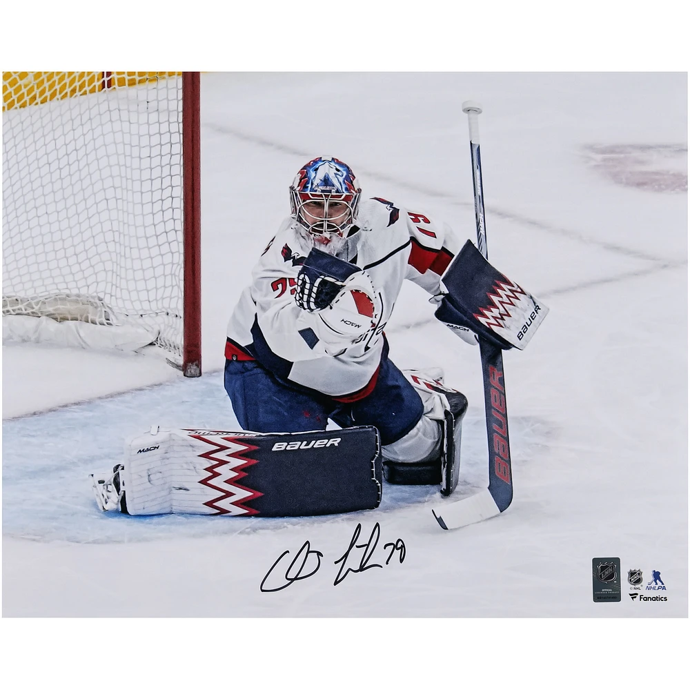 Charlie Lindgren Washington Capitals Autographed 16" x 20" White Jersey Making Save Photograph