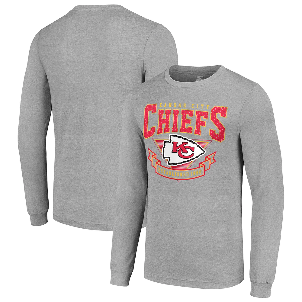 Men's Starter Heather Gray Kansas City Chiefs '80s Inspired Team Logo Long Sleeve T-Shirt