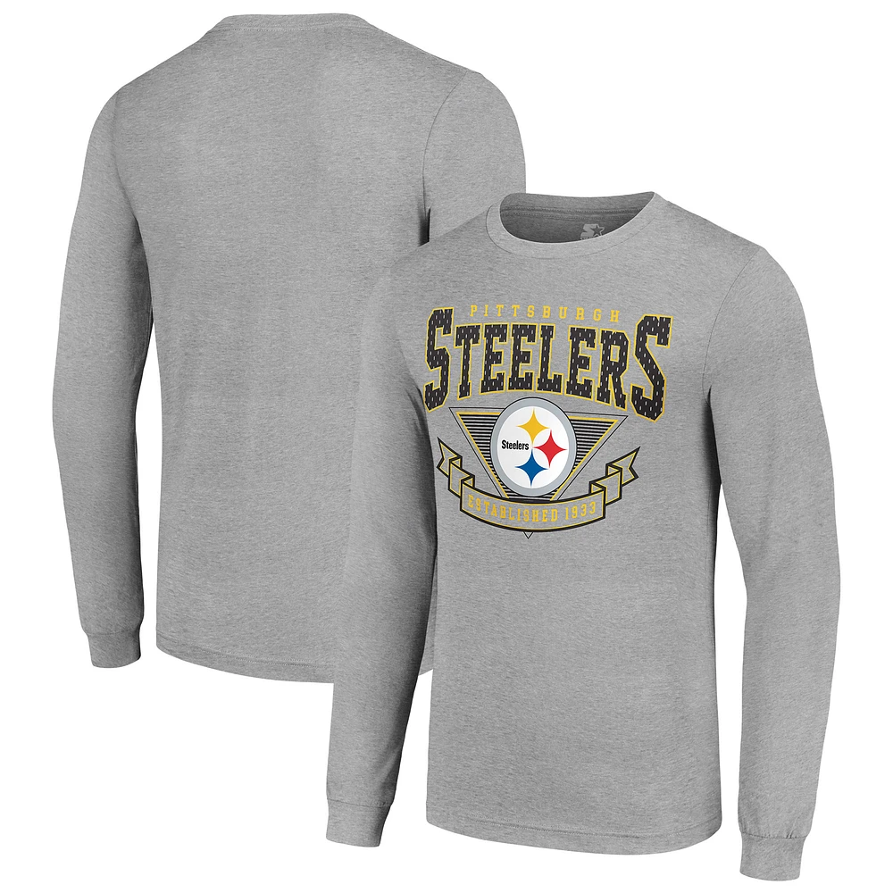 Men's Starter Heather Gray Pittsburgh Steelers '80s Inspired Team Logo Long Sleeve T-Shirt