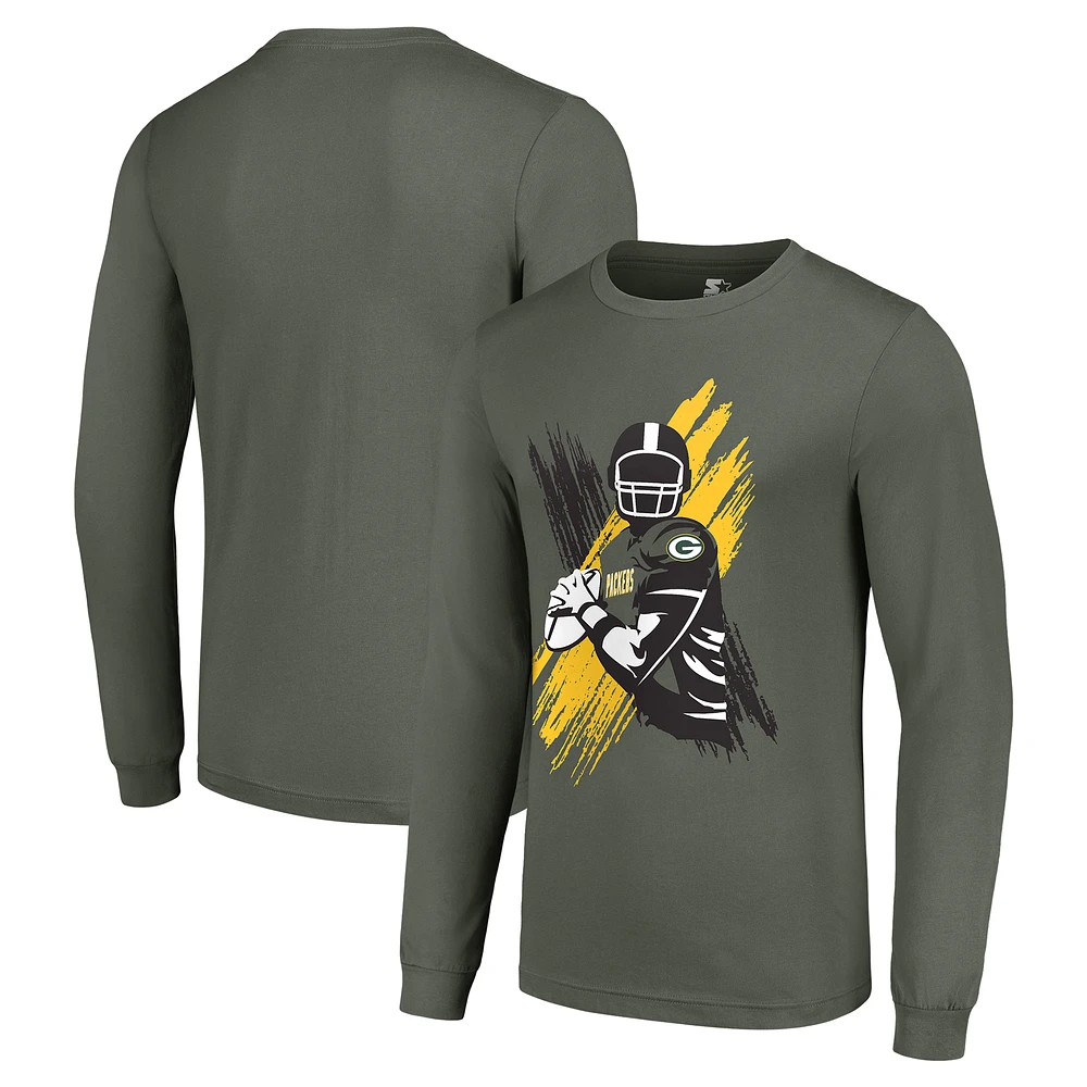 Men's Starter Olive Green Bay Packers Player X Logo Graphic Long Sleeve T-Shirt