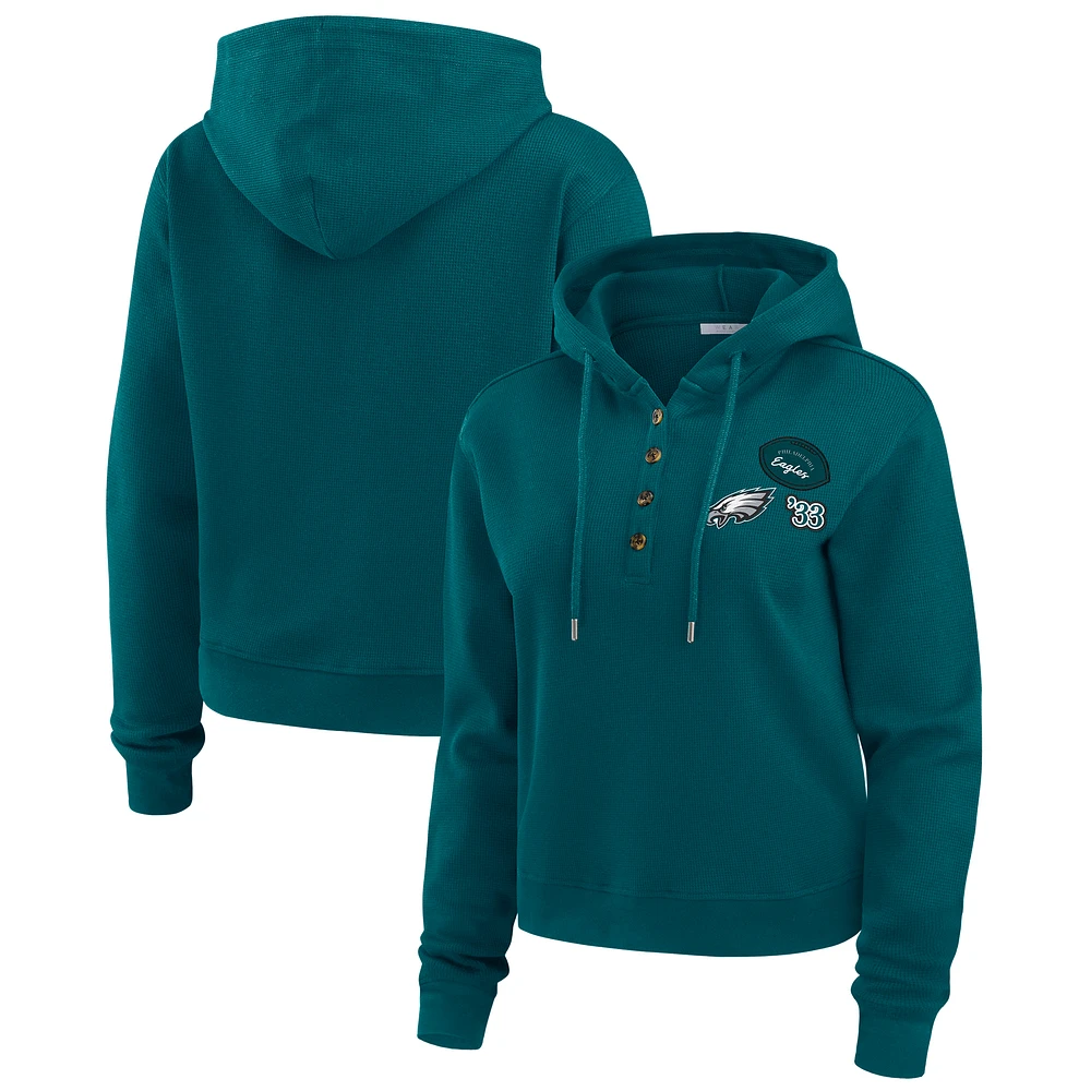 Women's WEAR by Erin Andrews Midnight Green Philadelphia Eagles Waffle Hoodie Pullover Top