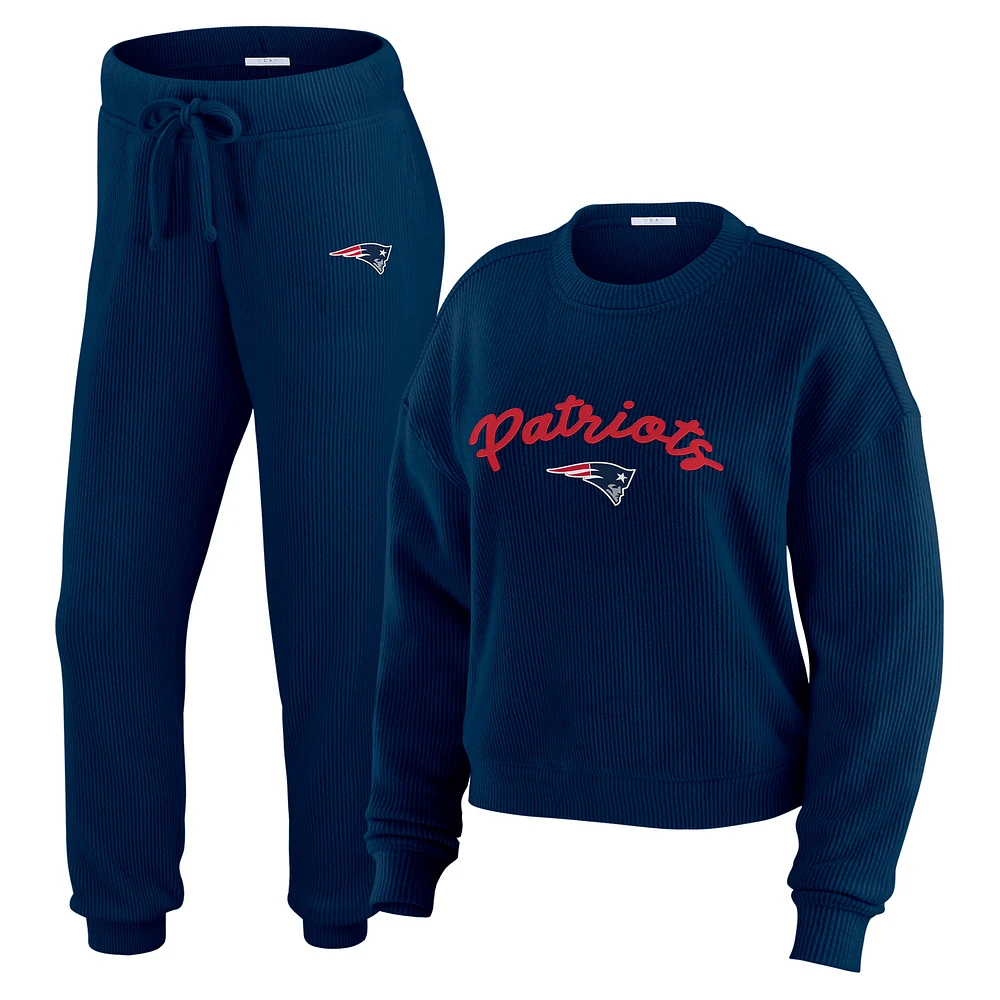 Women's WEAR by Erin Andrews Cream New England Patriots Knitted Tri-Blend Long Sleeve T-Shirt & Pants Lounge Set